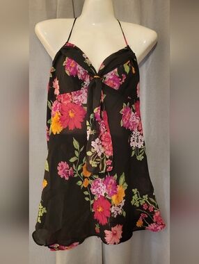 Floral Tie-Front Black Slip Dress - Women's Sleepwear